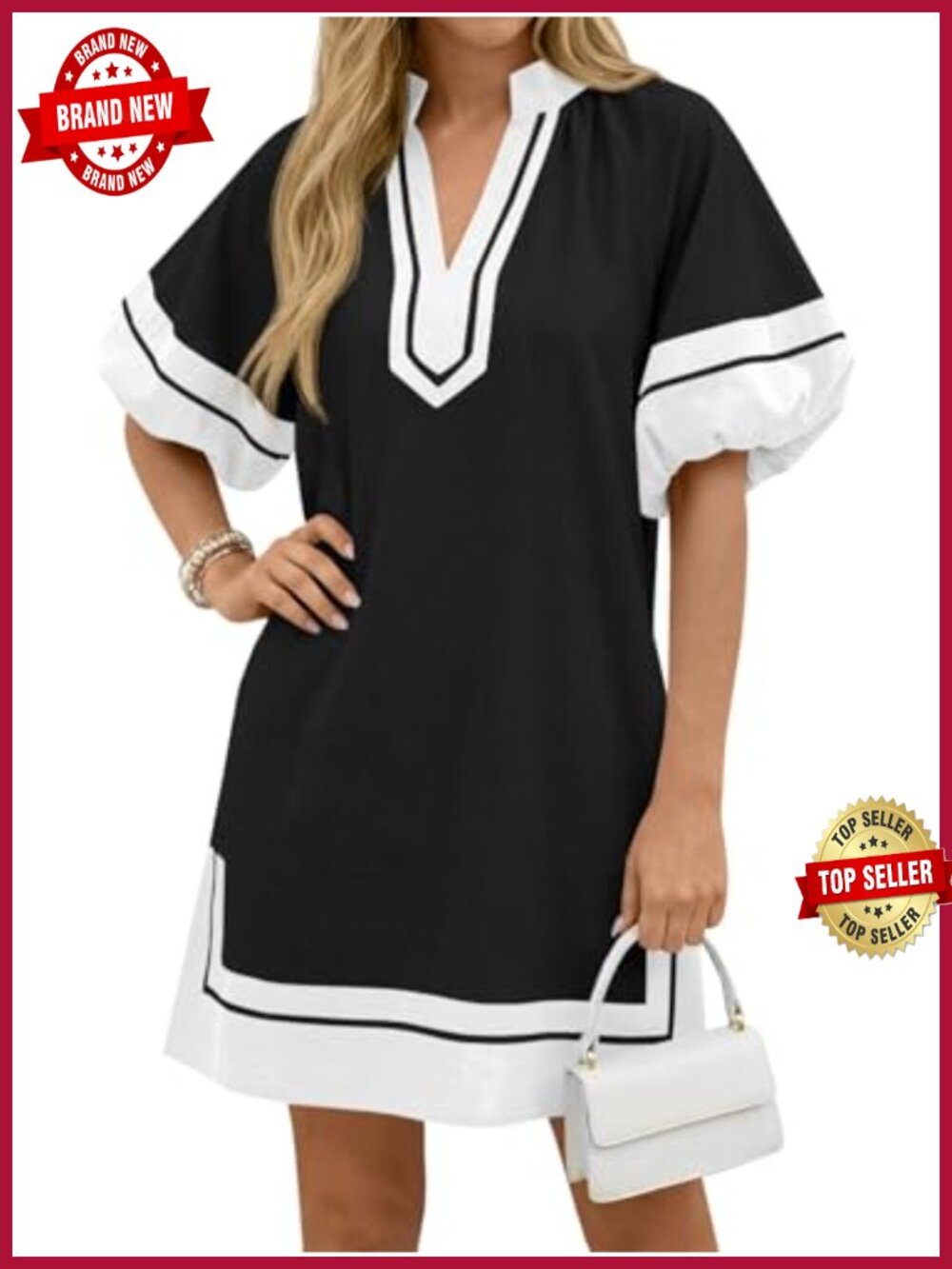 Wenrine Womens Summer Mini Dress Puff Sleeve Shirt Dress A-Line